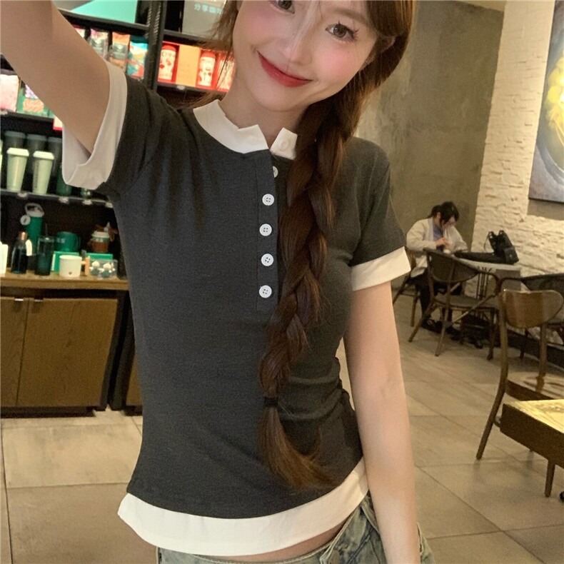 TT066-P40短袖t恤女夏2025新款短款修身撞色圆领韩版上衣,男装T恤,星座911-3