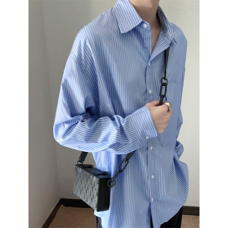韩系通勤竖条纹衬衫男长袖宽松休闲衬衣春秋季CS009P55,男装衬衫,星座512-1（原513-3）