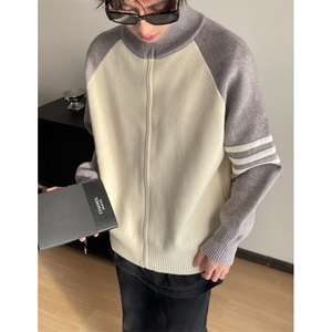 针织开衫男女韩版潮流拼色百搭袖子三条杠2024冬季毛衣MZ673-P55图片