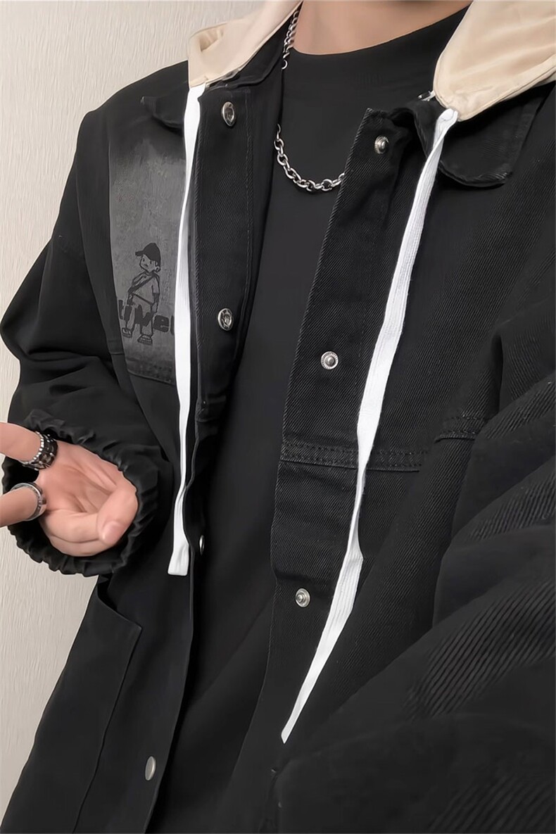 假两件拼接外套复古风长袖连帽休闲风牛仔夹克男JA8711-特价P68,男装夹克,电商A007