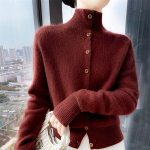 宽松显瘦纯羊毛开衫女式减龄毛衣外套2025秋冬新款高领针织羊绒衫图片