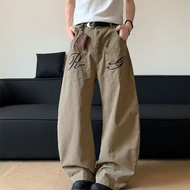 复古设计刺绣字母牛仔裤新款弯刀廓形男宽松拖地裤N609-P55,男装牛仔裤,星座208-5