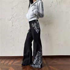 美式复古花卉印花微喇牛仔裤男女宽松百搭阔腿直筒长裤L91844-P52，男装牛仔裤，星座1008