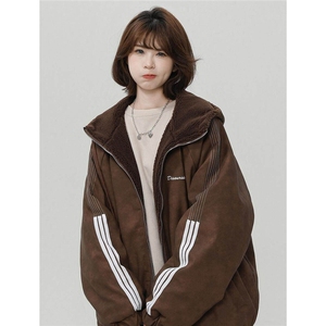 粉色美式连帽羊羔毛外套男加绒加厚棉服中性风三杠棉衣 M02/P118图片