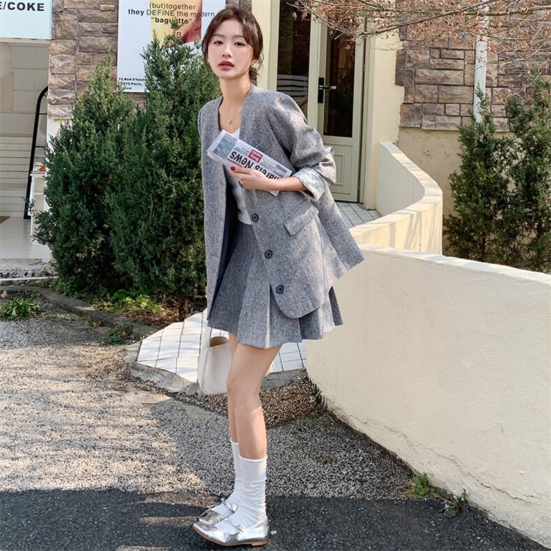 灰色设计感蕾丝拼接小香风套装裙女2025春季气质半身裙两件套,女装套装/套裙,幸运星