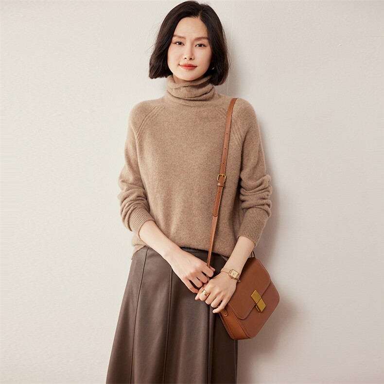 女秋冬新款宽松长袖堆堆领打底针织衫短款35%羊绒衫厚，女装羊绒衫，缇曼羊绒