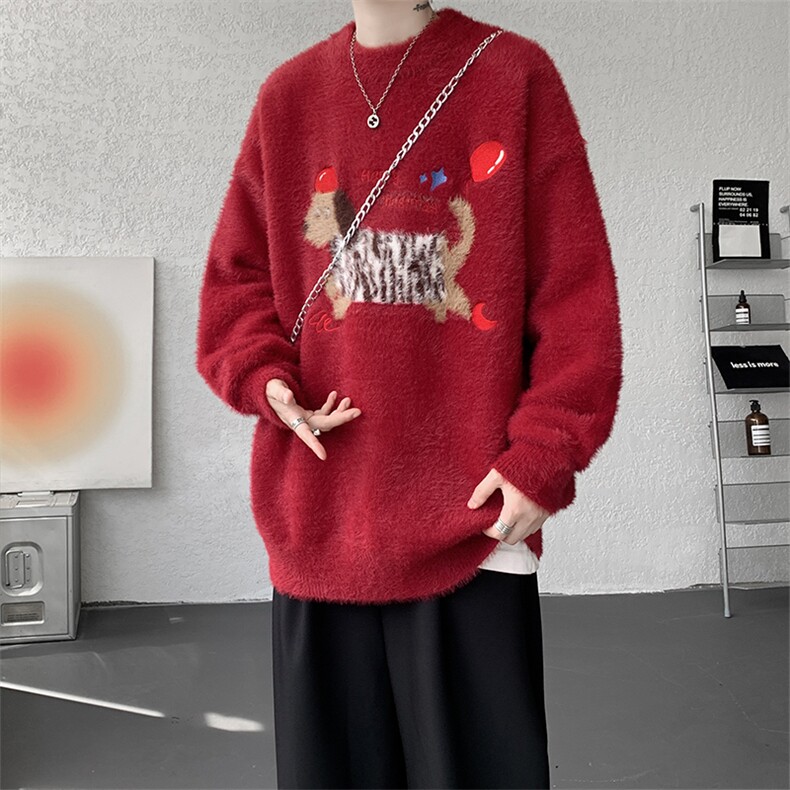 腊肠狗情侣毛衣男酒红色本命年针织衫男高级感线衫MY1222-P68，男装针织衫/毛衣，电商D206-1