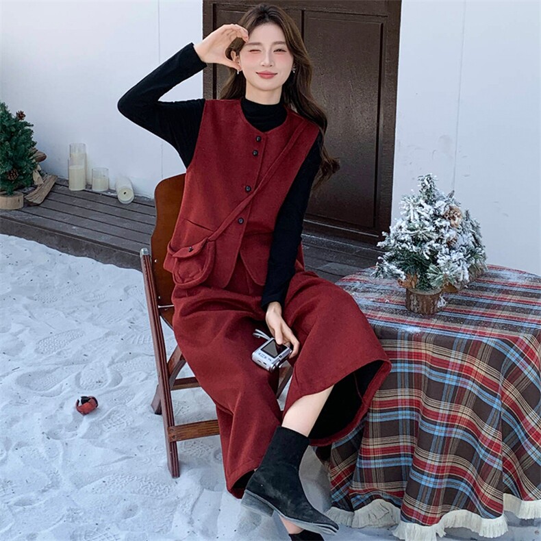 2026年春季法式时尚潮流舒适洋气带高级感磨毛呢马甲三件套裤,女装套装/套裙,心心服饰