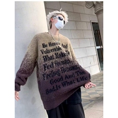 美式圆领渐变大码胖子仿貂绒毛衣男士秋冬季宽松慵懒风高级针织衫，男装针织衫/毛衣，星座506A