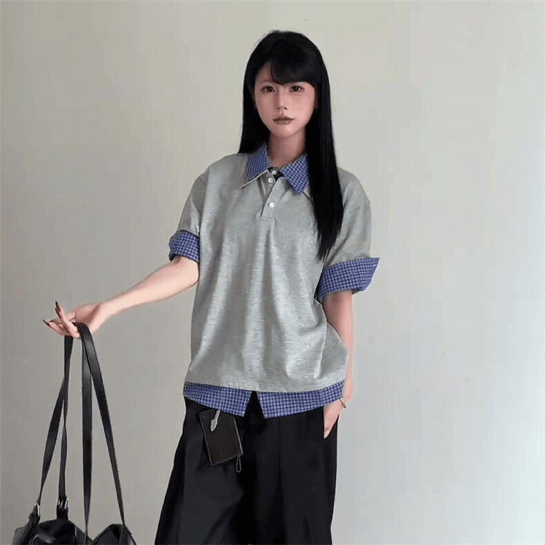 得物抖音高品质二开夏季美式潮牌高街假两件格子衬衣翻领短袖T恤,男装T恤,电商A486