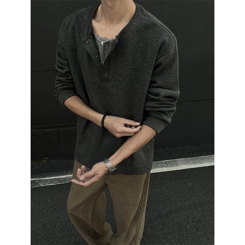 DD1013-P48加绒P58糯米面料假两件亨利领长袖T恤男内搭打底衫,男装针织衫/毛衣,电商A059