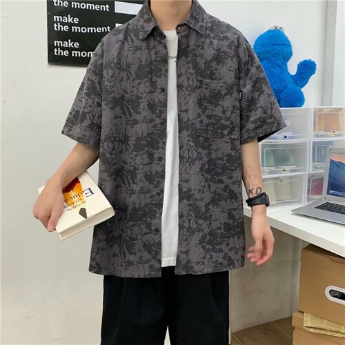 21夏季新款港风新款中性碎花衬衫宽松短袖衬衣男1008-1-C6060-p35，男装衬衫，星座1008-1