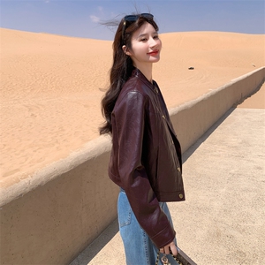 韩系复古皮衣外套女2025秋季新款小个子红棕色设计感百搭皮夹克图片