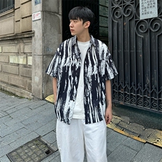 CS506～批35控49有货（自家图）黑白水墨花痞帅衬衫男生短袖夏季，男装衬衫，星座218-5