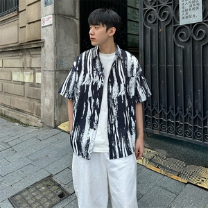 CS506～批35控49有货（自家图）黑白水墨花痞帅衬衫男生短袖夏季图片