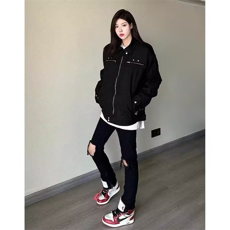 黑色解构鹿皮绒外套男女美式高街飞行员夹克棒球服秋冬L56333-P78,男装夹克,星座1008