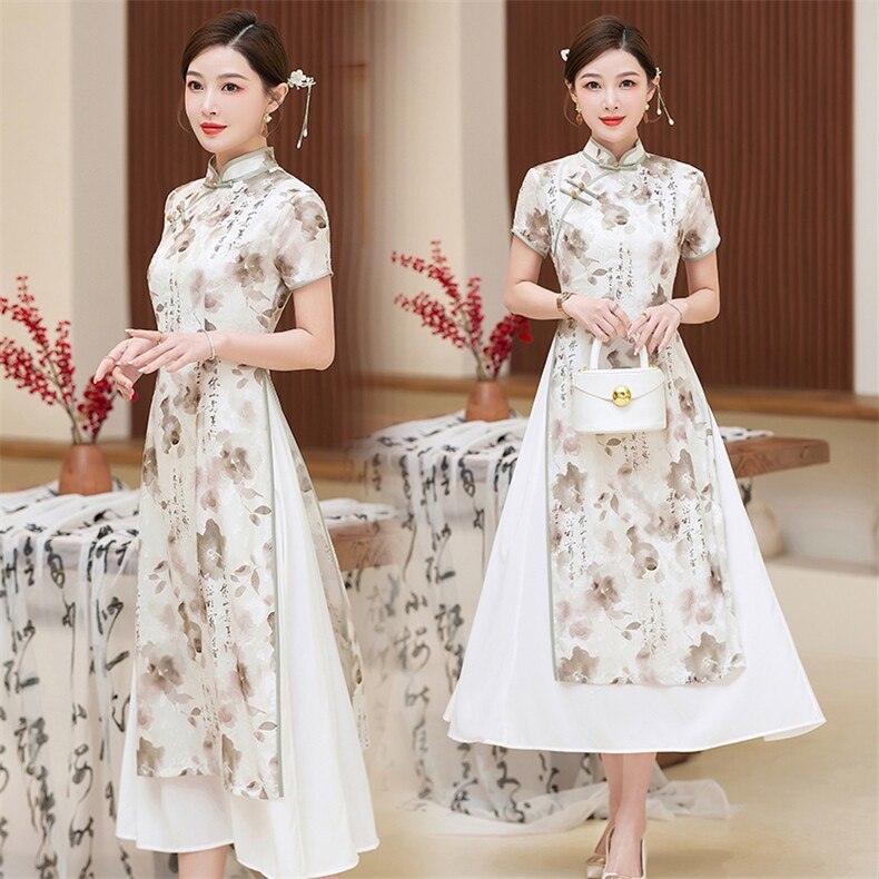 24年春夏季新款时尚盘扣中长款专柜品质旗袍日常奥黛连衣裙，女装汉服/婚纱/旗袍/礼服，小荷流