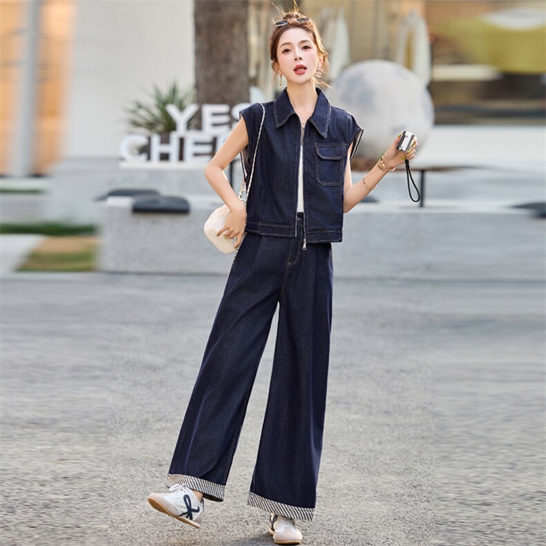 超爱!高品轻薄牛仔外套马甲女2025夏高腰显瘦阔腿裤时尚两件套装,女装套装/套裙,意芙
