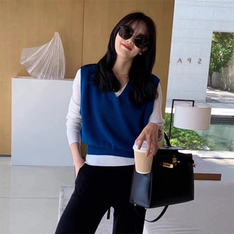 时尚百搭条纹女士宽松V领马甲简约休闲显瘦无袖背心外套,女装马甲,悦玛羊绒
