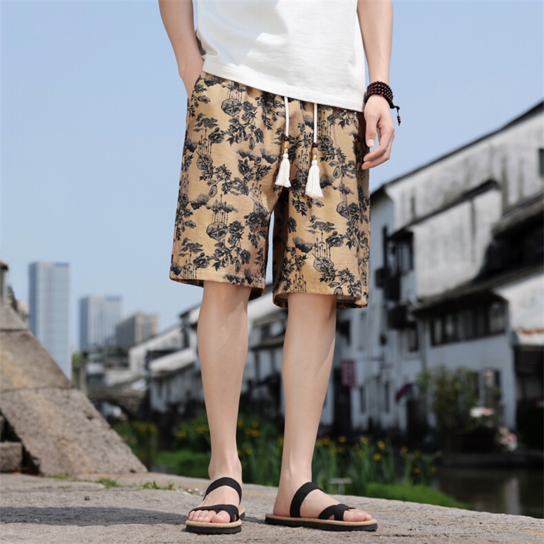 夏季亚麻棉麻印花风五分裤男宽松短裤个性A266-1-KZ773-P40，男装牛仔裤，电商A266-1