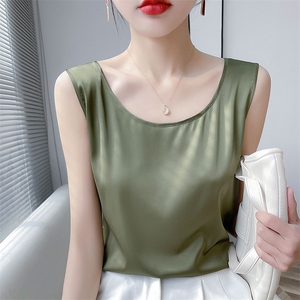 夏季真丝吊带背心女纯色内搭配西装圆领黑色白色打底宽松外穿上衣图片
