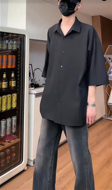 夏季冰丝短袖衬衫男女黑色宽松百搭学院风衬衣C1122-特P23,男装T恤,电商D202-1