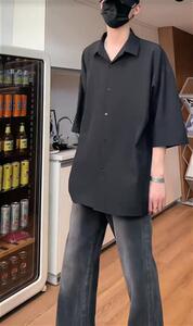 夏季冰丝短袖衬衫男女黑色宽松百搭学院风衬衣C1122-特P23
