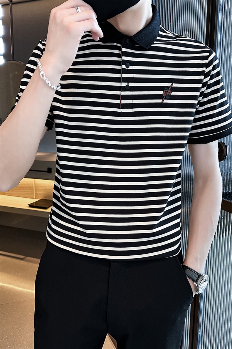经典条纹翻领T恤短袖Polo衫弹力时尚高级感上衣T0270-P50,男装T恤,电商D342