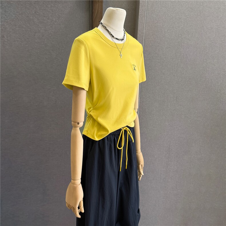 慵懒风休闲时尚套装女夏新款百搭圆领黄色短袖上衣阔腿长裤两件套,女装套装/套裙,江南