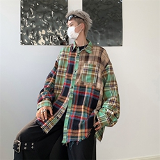S134-P42美式宽松型格子拼接长袖衬衫，男装衬衫，星座1501-1