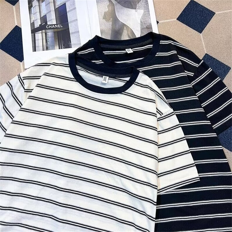 夏季短袖T恤宽条纹卡利棉上衣服男生休闲时尚学生短袖T135p38,男装T恤,星座1013