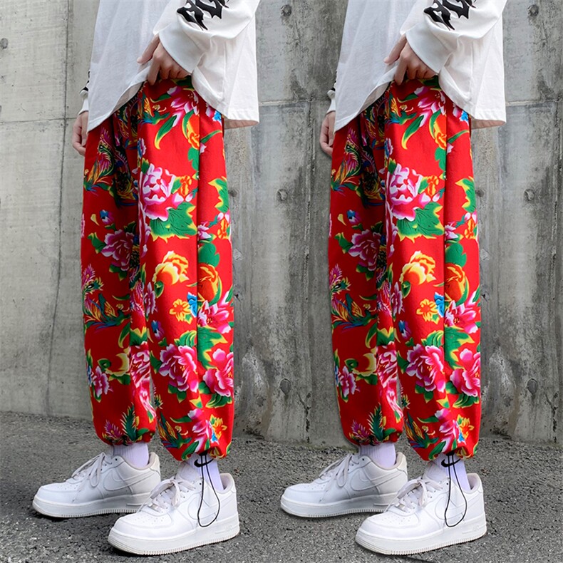 CK203夏秋东北大花民族特色风休闲哈伦运动裤束脚九分裤团队，男装民族服装，星座115A(原星座507）