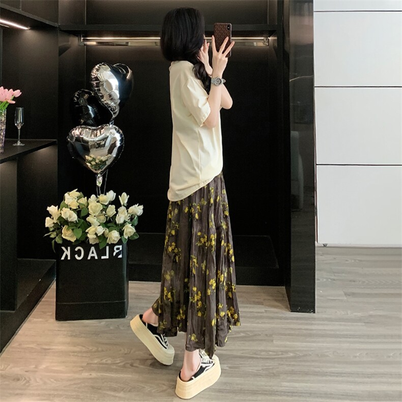 女夏季新款时尚洋气套装裙宽松显瘦卡通猫咪印花短袖长裙两件套潮,女装套装/套裙,2C310