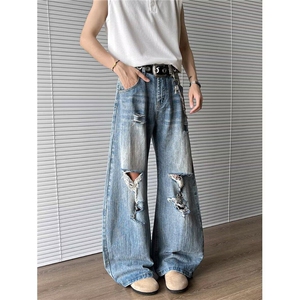 美式高街破洞cleanfit竹节牛仔裤子男女夏设计感微喇裤RK2927-P51图片