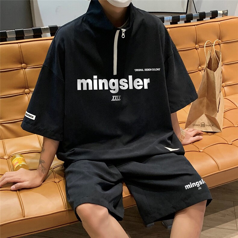 港风夏季运动休闲宽松套装桃皮绒短袖短裤男女TZ6751P75控98,男装牛仔裤,电商A268A