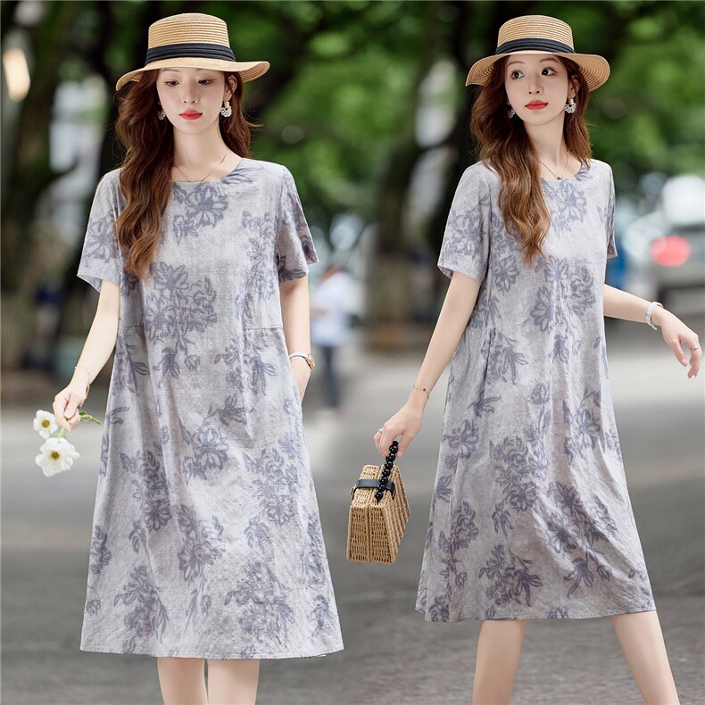 时尚圆领碎花棉麻连衣裙女2025夏季新款韩版宽松遮肚显瘦休闲裙子，女装连衣裙，鑫思依格