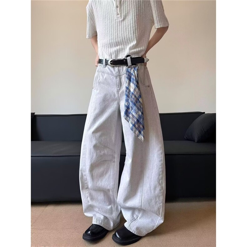 可拆卸方巾设计感弯刀牛仔裤美式复古宽松显瘦直筒阔腿裤NK63-P48，男装牛仔裤，星座208-5