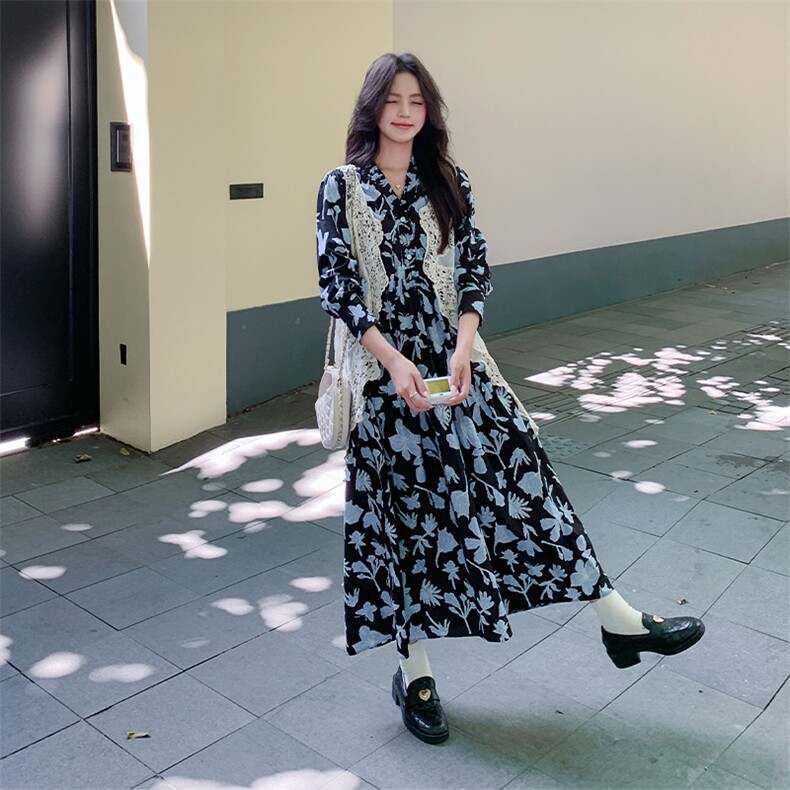 法式镂空蕾丝马甲套装裙女2025秋季新款气质超好看印花长裙两件套,女装连衣裙,2C123