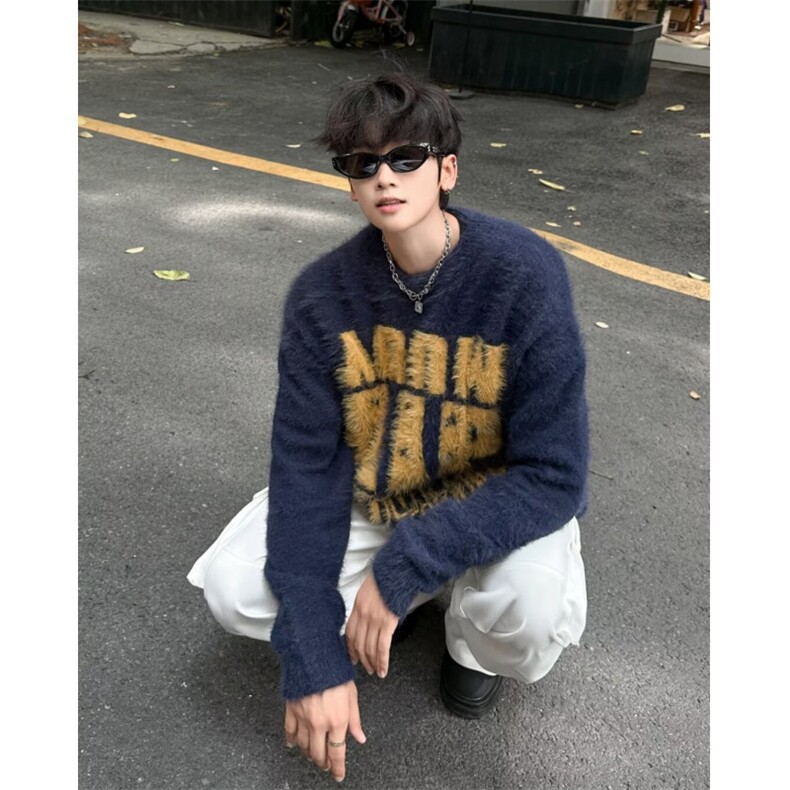 针织衫男女韩版潮流字母提花宽松保暖2024冬季ins毛衣MZ546-P60图片