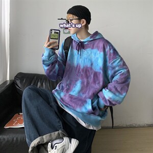 秋冬港风扎染连帽卫衣外套套头中性风ins潮学生宽松休闲H205/P65，男装卫衣，钱塘713