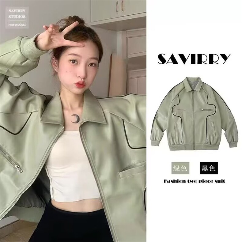 美式复古高街皮衣机车服外套女春秋宽松设计感夹克上衣潮图片