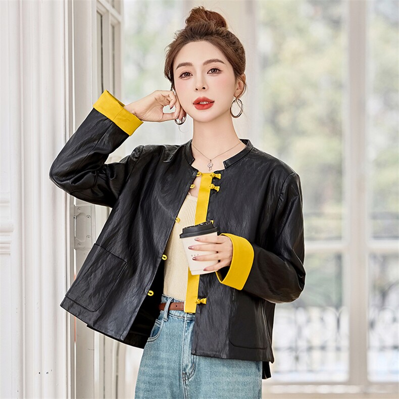 立领盘扣皮衣女春秋款撞色干净利索时尚设计感国风元素新中式上衣,女装皮衣,衣之秀