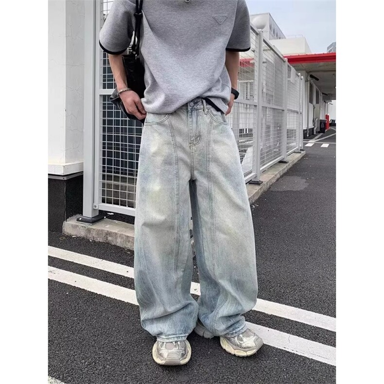 美式复古水洗做旧磨白牛仔裤男女高街潮牌宽松休闲百搭显瘦长裤潮,男装牛仔裤,星座516A