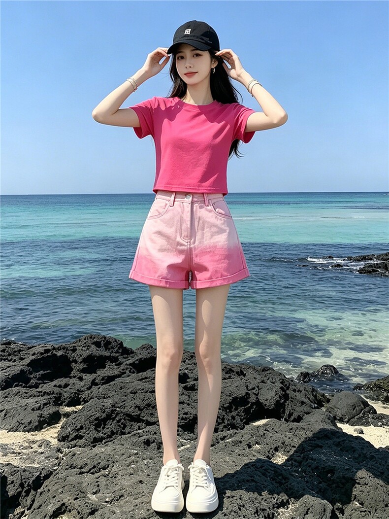 欧韩时尚潮流套装女夏新款玫红色圆领短袖上衣粉色牛仔短裤两件套,女装套装/套裙,江南