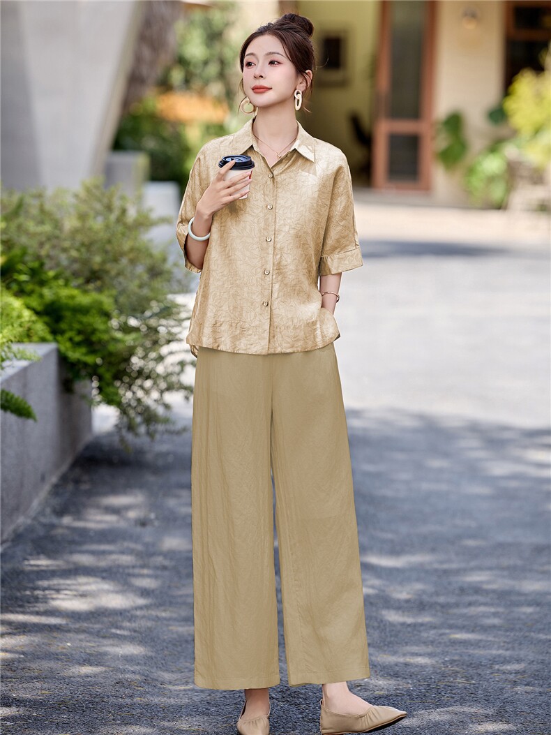 长期有货2026年夏季冰天丝时尚休闲两件套装提花衬衫休闲阔腿裤女,女装套装/套裙,璐依舞