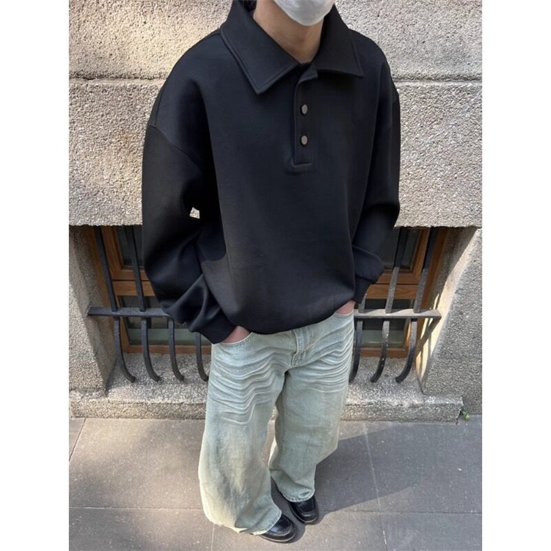 华棉复合卫衣简约基础洗水做旧渐变翻领纽扣休闲套头卫衣 WC93图片