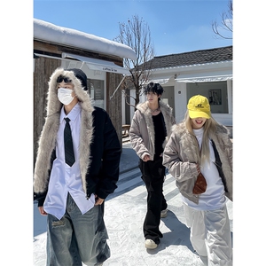 现货高品质美式高街冬季重磅硬挺短款座山雕毛领棉衣男女加厚外套图片