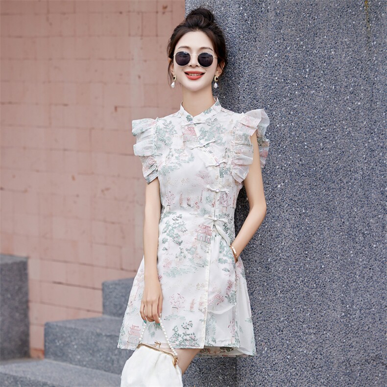 新中式国风改良旗袍套装女2024夏季新款小个子盘扣刺绣短裤两件套,女装套装/套裙,然然