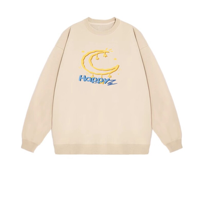 2025年秋季通勤华棉双帽落肩圆领帽衫月亮印花，女装卫衣/绒衫，花可