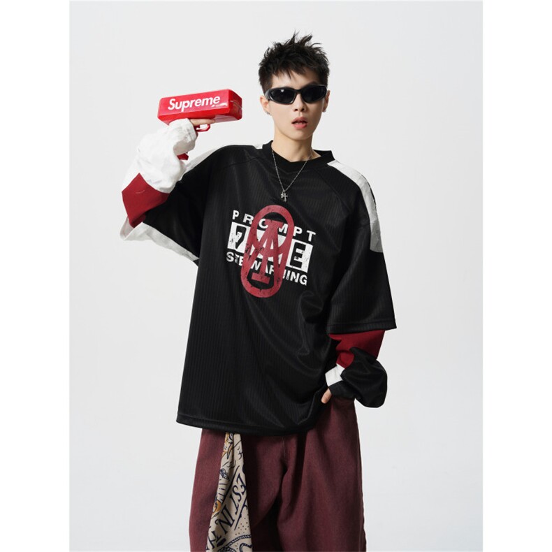 706-LK25006-P68特P现货春季美式撞色拼接卫衣运动假两件球衣，男装卫衣，星座706